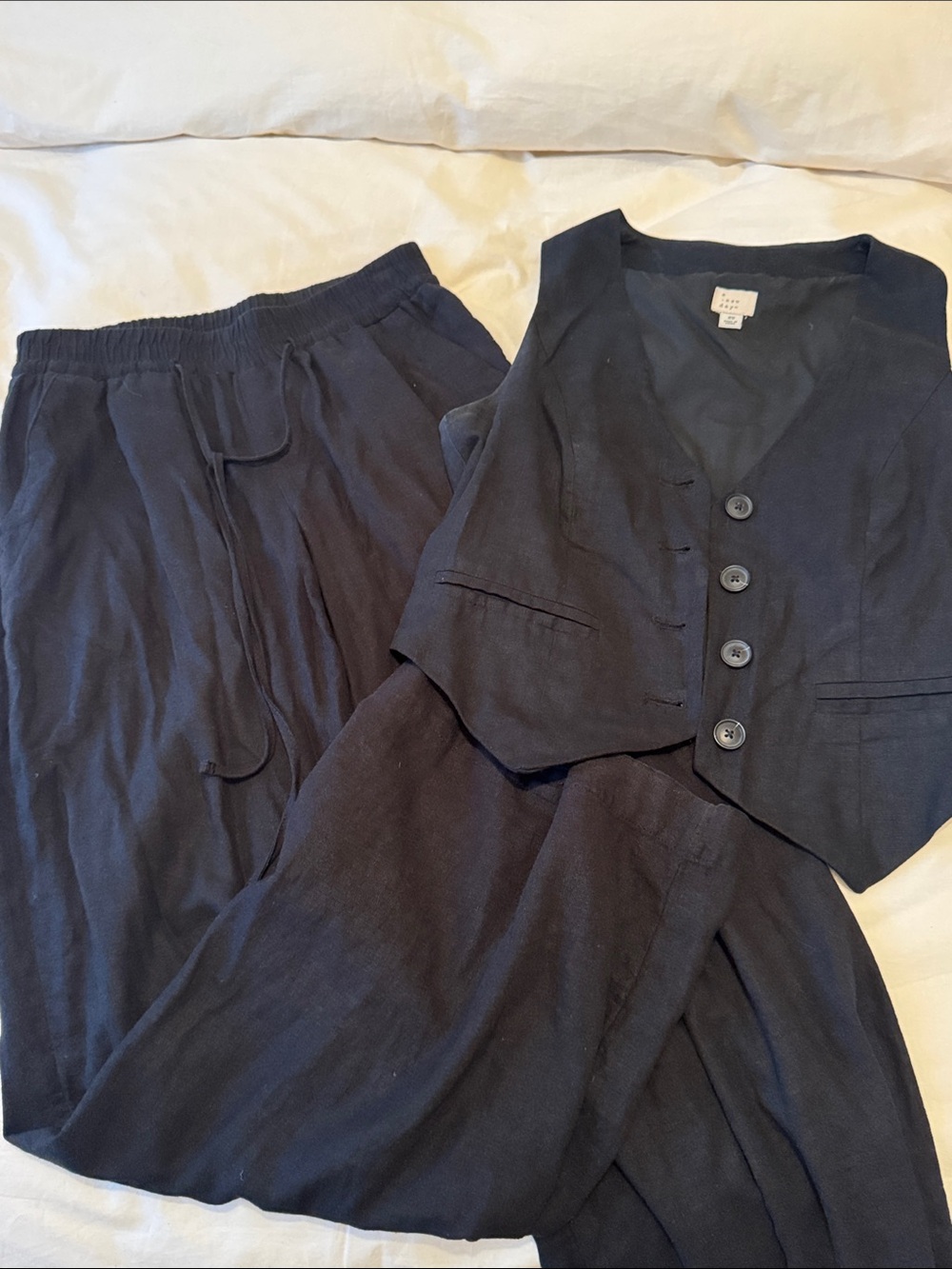 Black Linen Wide-Leg Pants with Matching Black Vest